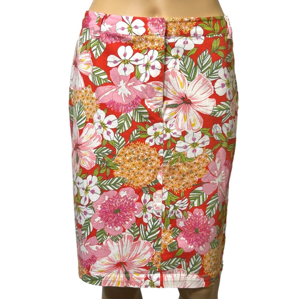 Villager Liz Claiborne Womens 10 Red Pink Green White Floral Skirt Stretch Skirt